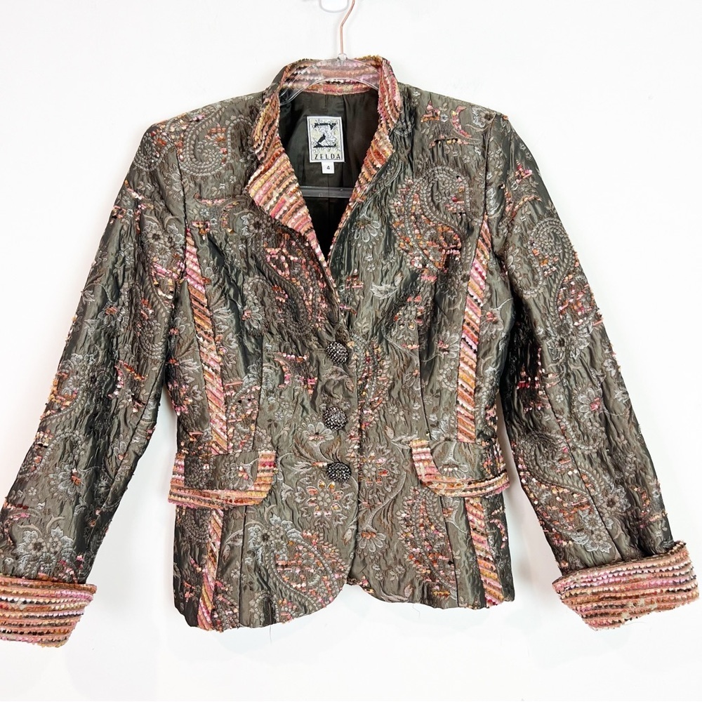 ZELDA BROWN ORANGE EMBROIDERED SATEEN FABRIC RHINESTONE BUTTON JACKET SZ 4